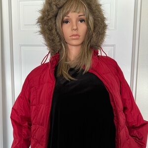 Larry Levine Down Red Puffer Jacket with Faux Fur Hood